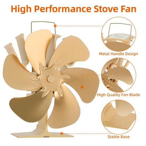 TCFUNDY Heat Powered Wood Stove Fan, 6-Blades Fireplace Fan Non Electric for Warm Air Circulation, Stove Fan with Magnetic Thermometer for Wood Burning Stove, Pellet, Log, Silent Operation, Golden