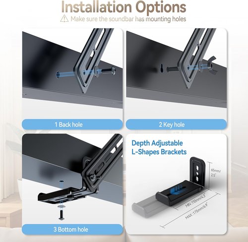 C YECEN Sound Bar Mount - Adjustable Height & Depth | Detachable Extension Arms & L-Brackets