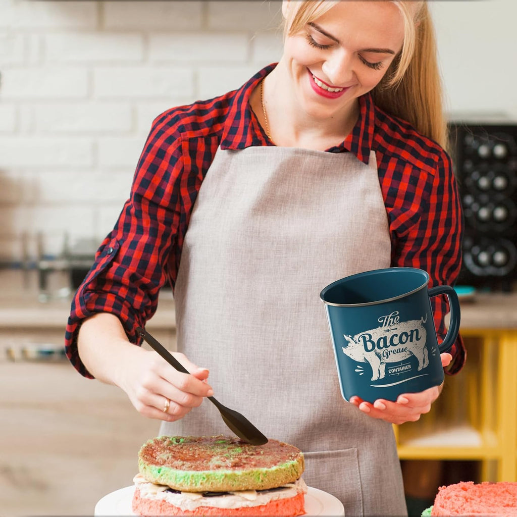 Skiennix Bacon Grease Container - 46oz Enamel Keeper with Strainer & Silicone Spatula | Dishwasher Safe - Blue