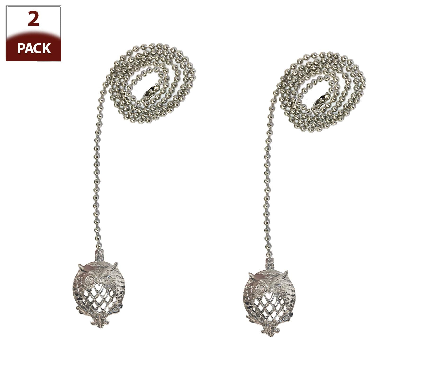 Royal Designs, Inc. FP-1036-CH-2 Adjustable Ceiling Fan Pull Chain Extension with All Seeing Owl Ornament, 24 inch, Chrome, 2-Pack