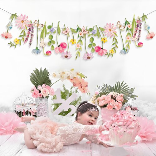 Butterfly Banner Wildflower Party Decorations Paper Flower Leaves Banner Butterfly Garland for Wall Decoration Spring Baby Shower Wedding Backdrop Decorations