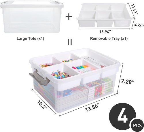 Citylife 17 QT Clear Storage Box - Removable Tray for Organizing Crafts, Tools & Office Supplies | 4 Pack
