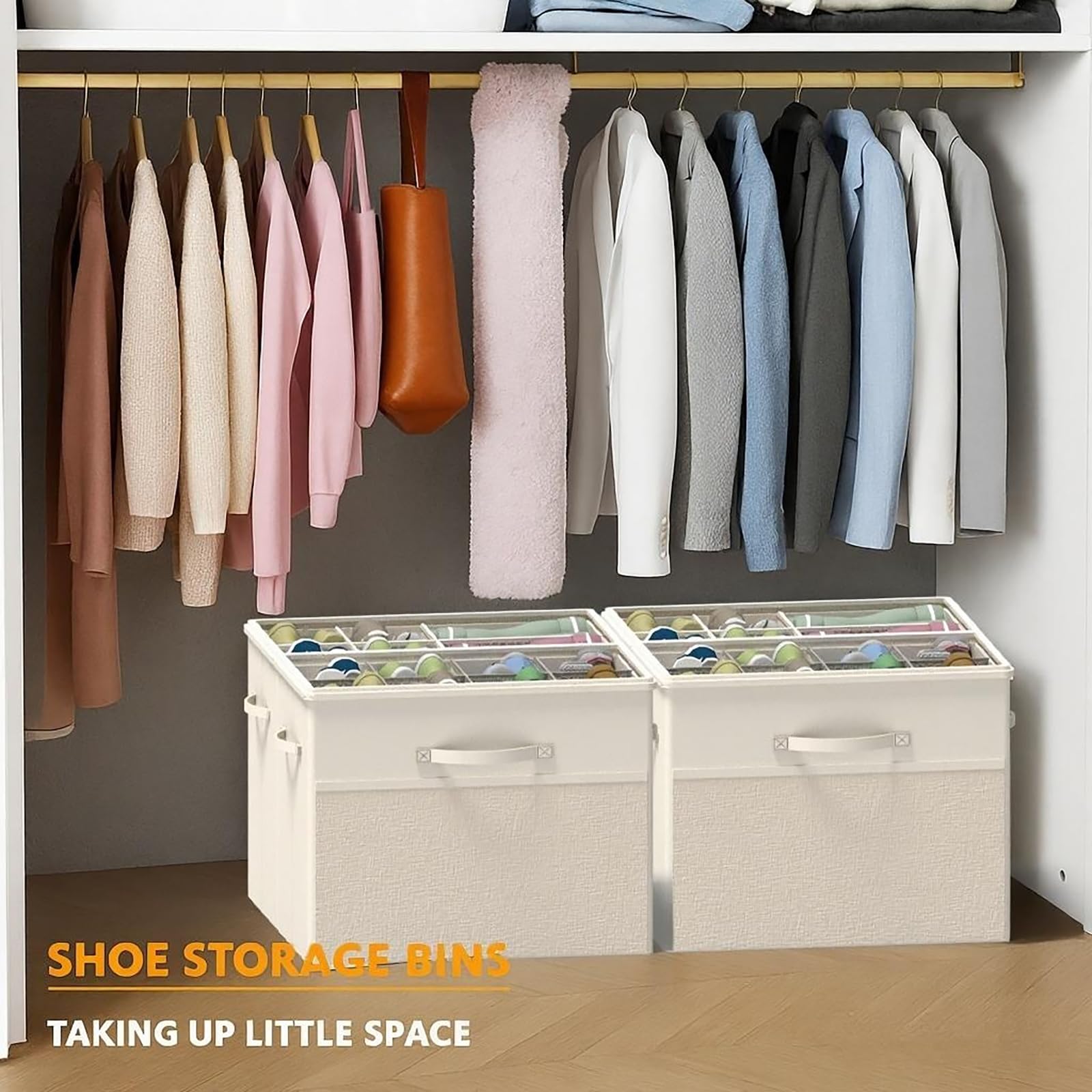 BFLBFL 2 Pack Shoe Organizer for Closet, Clear Foldable Shoe Storage Containers Fits 14 Pairs,Shoe Storage Bins Baskets Boxes with Reinforced Handles Beige Shoes Organize