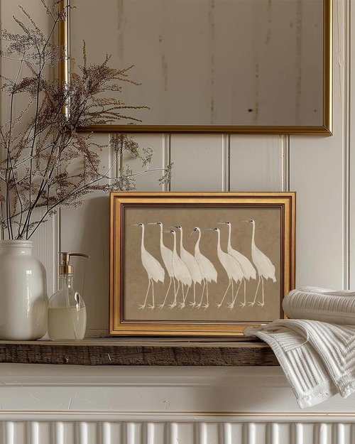 InSimSea Gold Framed Canvas Prints - Vintage Cranes Wall Art for Bathroom & Living Room | 12x16 Inch