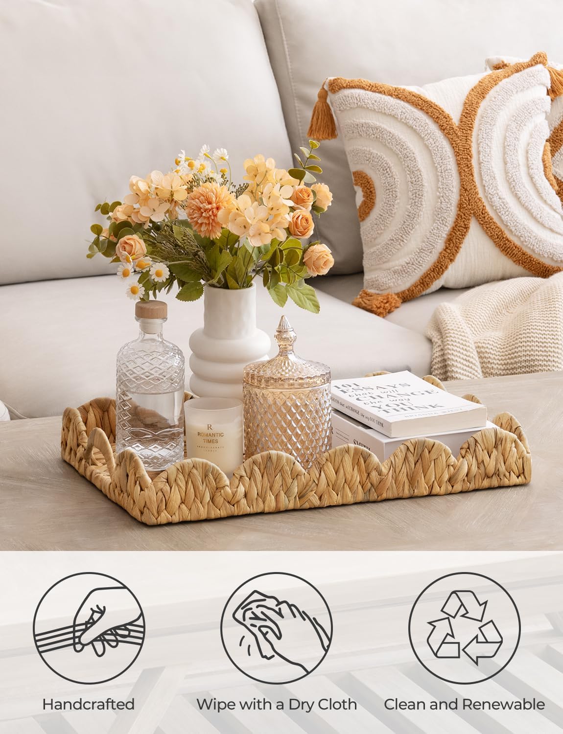 StorageWorks Large Wicker Serving Tray - Hand-Woven Scalloped Rattan Design with Built-in Handles | Natural Water Hyacinth