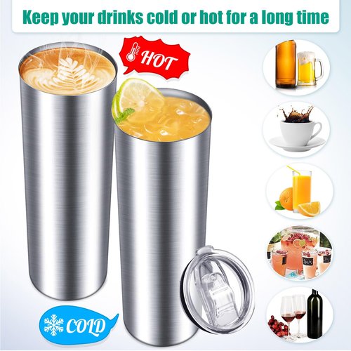 Potchen 16 Pack 20 oz Stainless Steel Skinny Tumbler Water Tumbler Cup Insulated Stainless Steel Cups with Lid Double Layer Travel Coffee Mug Reusable for Hot Cold Drink Home Office Car Use(Silver)