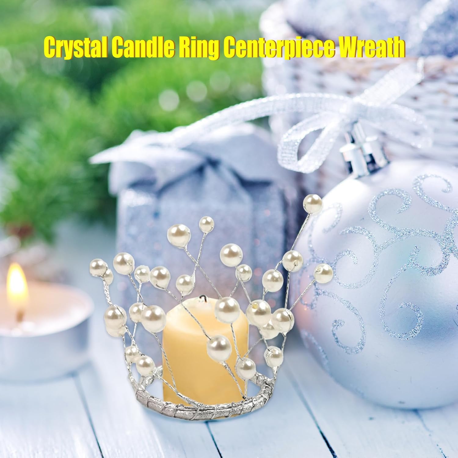 Skiennix Simulated Pearl Beaded Candle Ring Wreath - Elegant 2" Crystal Centerpiece for Home & Events