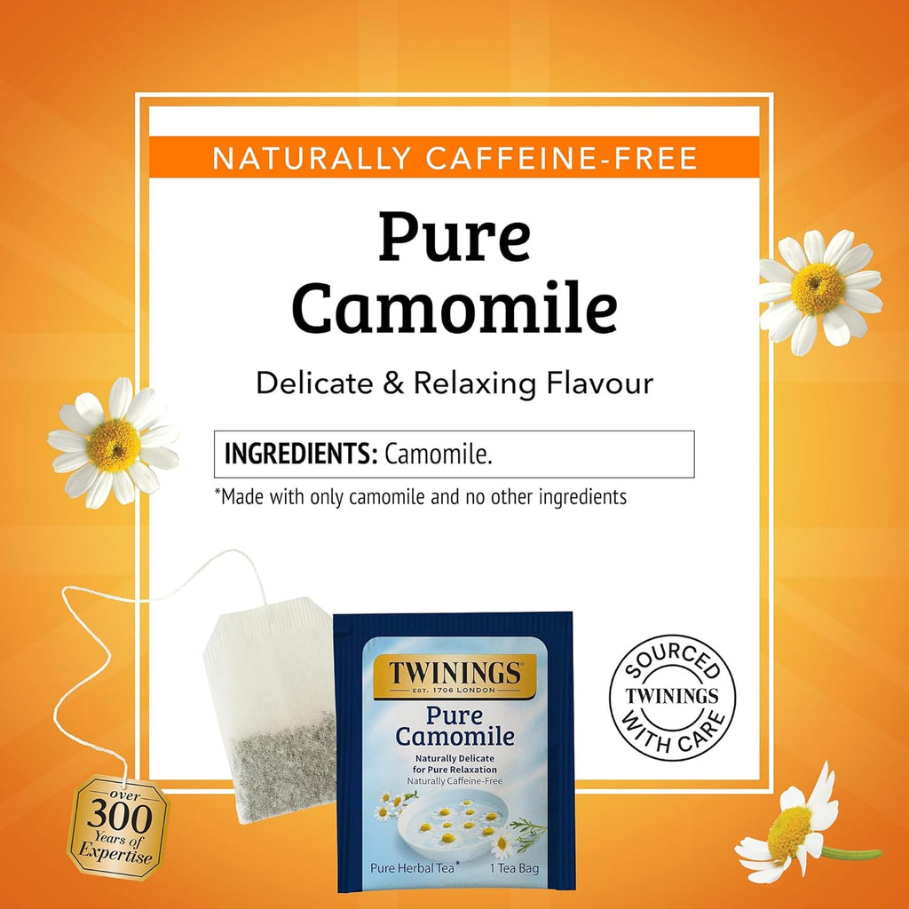 Twinings Pure Camomile Herbal Tea - 100 Individually Wrapped Bags for Relaxation | Caffeine-Free, Hot or Iced