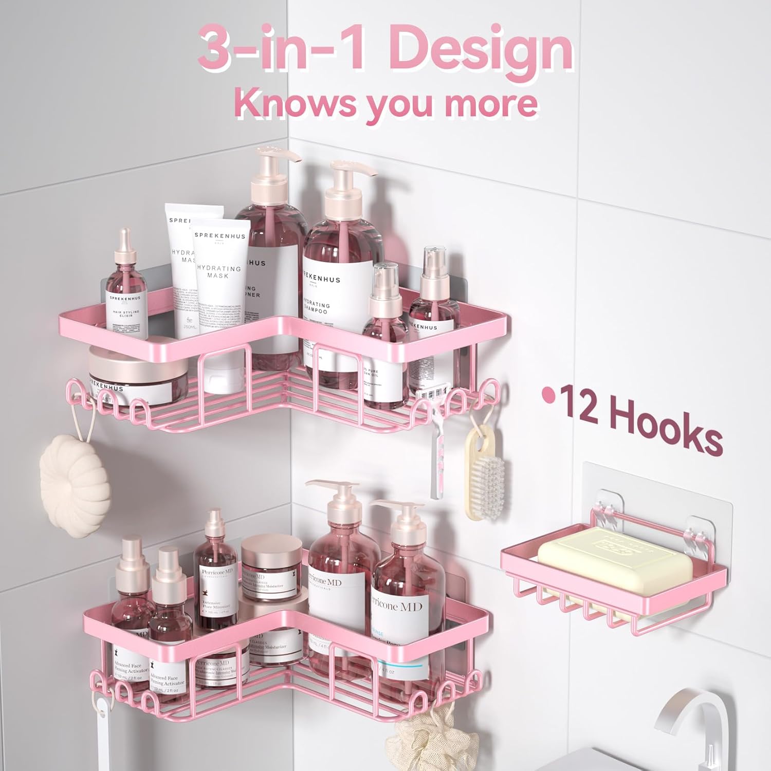 YASONIC Corner Shower Caddy - Rustproof Stainless Steel Bathroom Organizer | No Drilling, 3-Pack, Pink