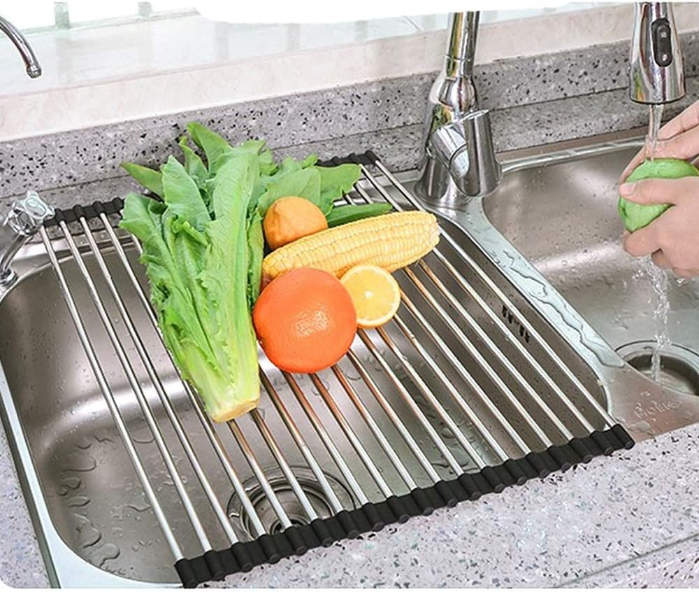 Skiennix Roll-Up Dish Drying Rack - 304 Stainless Steel, Foldable & Space-Saving | 17" x 13.5" - Black