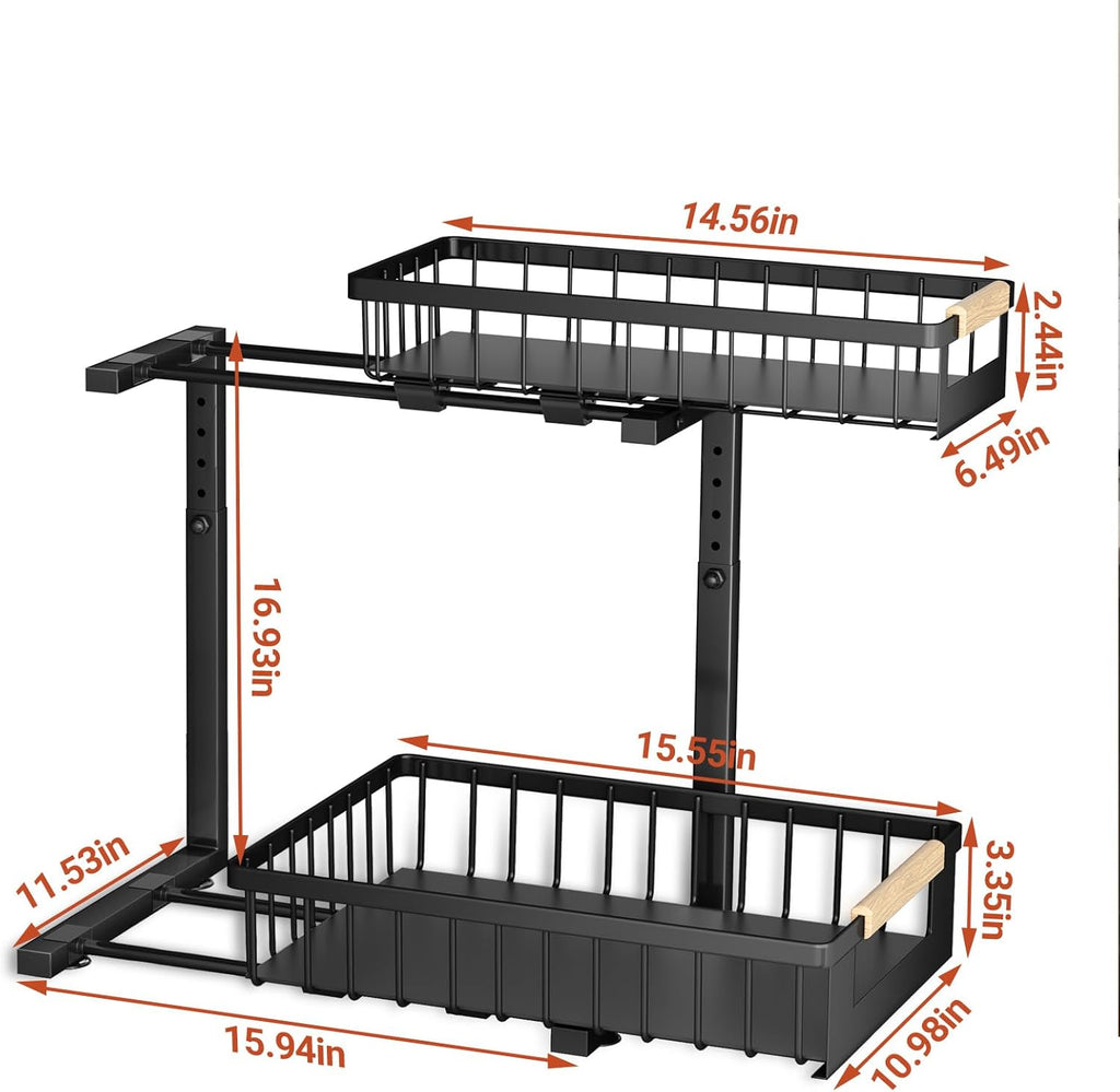 Under Sink Organizer by [Brand Name] - L-Shape 2-Tier Pull-Out Cabinet Storage Rack | Adjustable Height, Black, 2 Pack