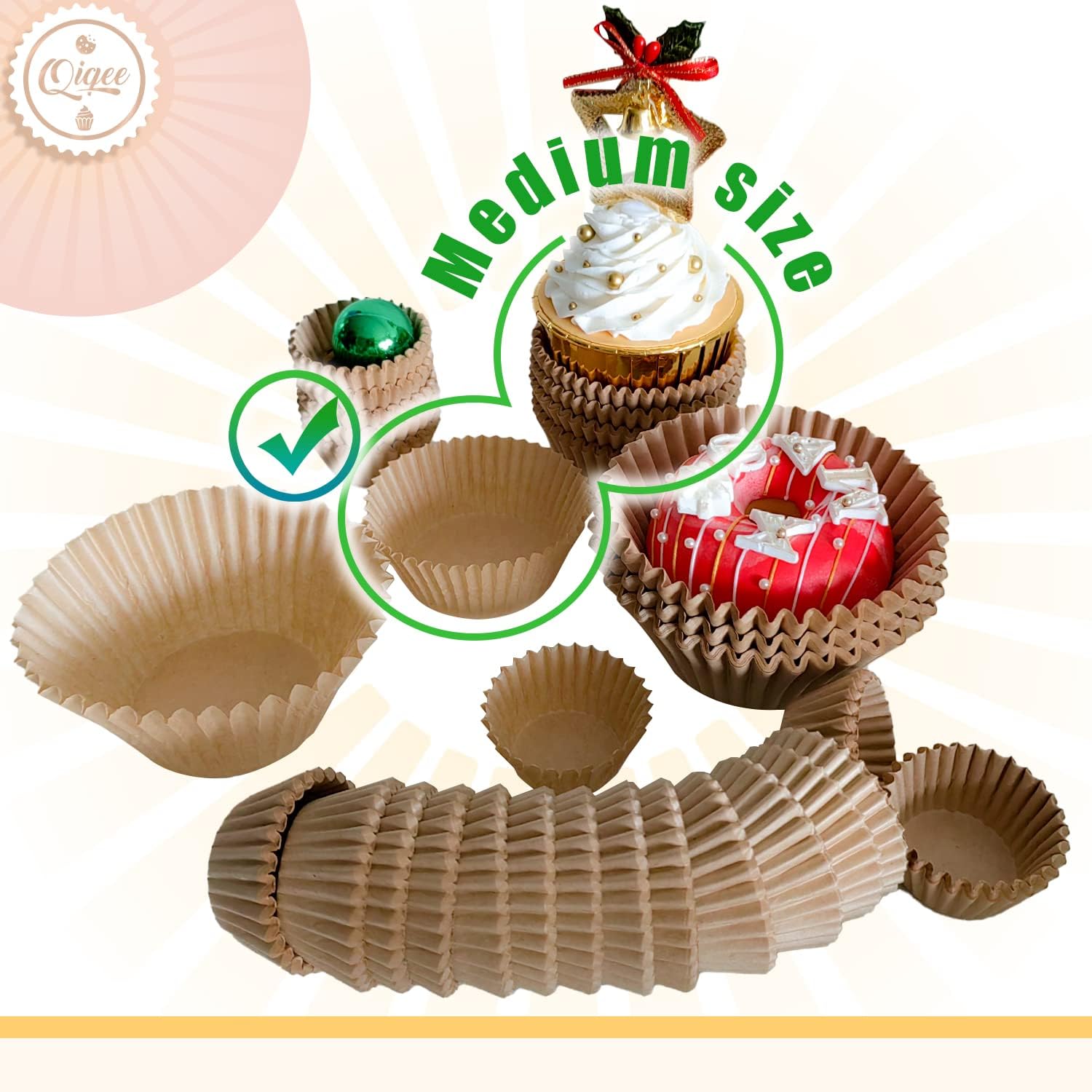 Qiqee 600 Pcs Natural Cupcake Liners - Food Grade Brown Muffin Baking Cups | No Smell, Standard Size