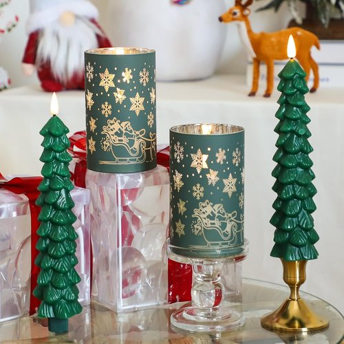 Lezonic Flameless Christmas Candles - Remote-Controlled Green Tree Flickering LED | Set of 4 Real Wax Decor