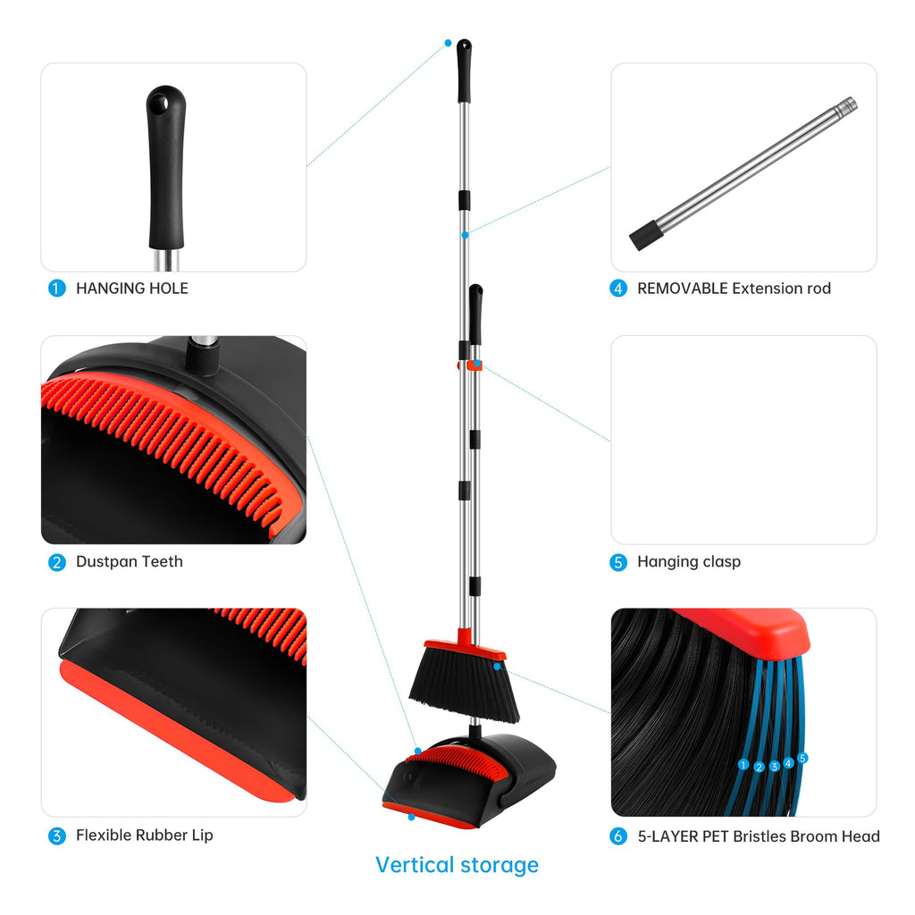 BSKLIN Broom and Dustpan Set for Home, 52" Long Handle Standing Broom Set with Dustpan Self-Cleaning Teeth for Hair Removal Heavy Duty Indoor Outdoor Sweeping Kit for Kitchen Garage (Black)