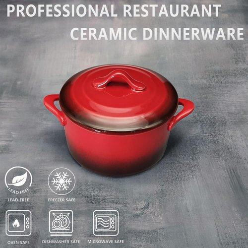 Ceramic Mini Cocotte Set - 17.7 Ounces Casserole Dishes with Lids & Handles | Oven & Microwave Safe, Red Gradient