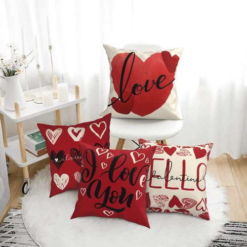 AGAXOZW Valentine's Day Throw Pillow Covers Set of 4, 18x18 Inches Love Heart Pillow Covers Home Décor for Sofa Couch Bedroom Valentines Day Decorations