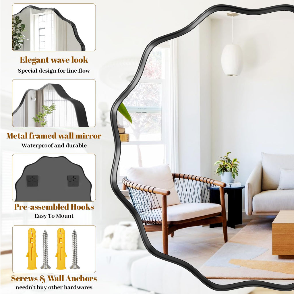 VETROVUE Round Wavy Mirror, 30 Inch Metal Frame Circle Mirror, Round Wall Mounted for Entryway, Bathroom, Vanity, Living Room, Black