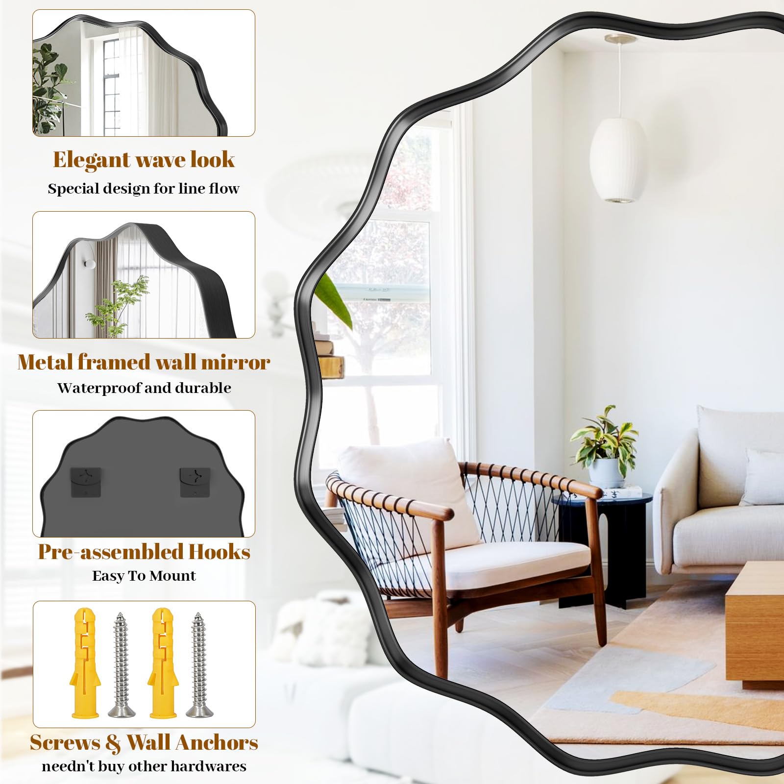 VETROVUE Round Wavy Mirror, 30 Inch Metal Frame Circle Mirror, Round Wall Mounted for Entryway, Bathroom, Vanity, Living Room, Black