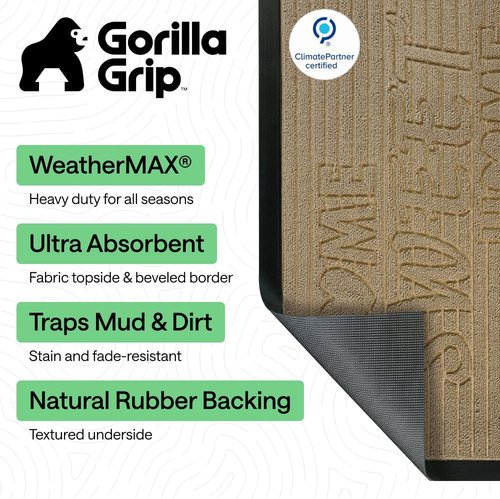 GORILLA GRIP Waterproof All-Season WeatherMAX Doormat - 47x35 Natural Rubber, Stain & Fade Resistant, Easy Clean