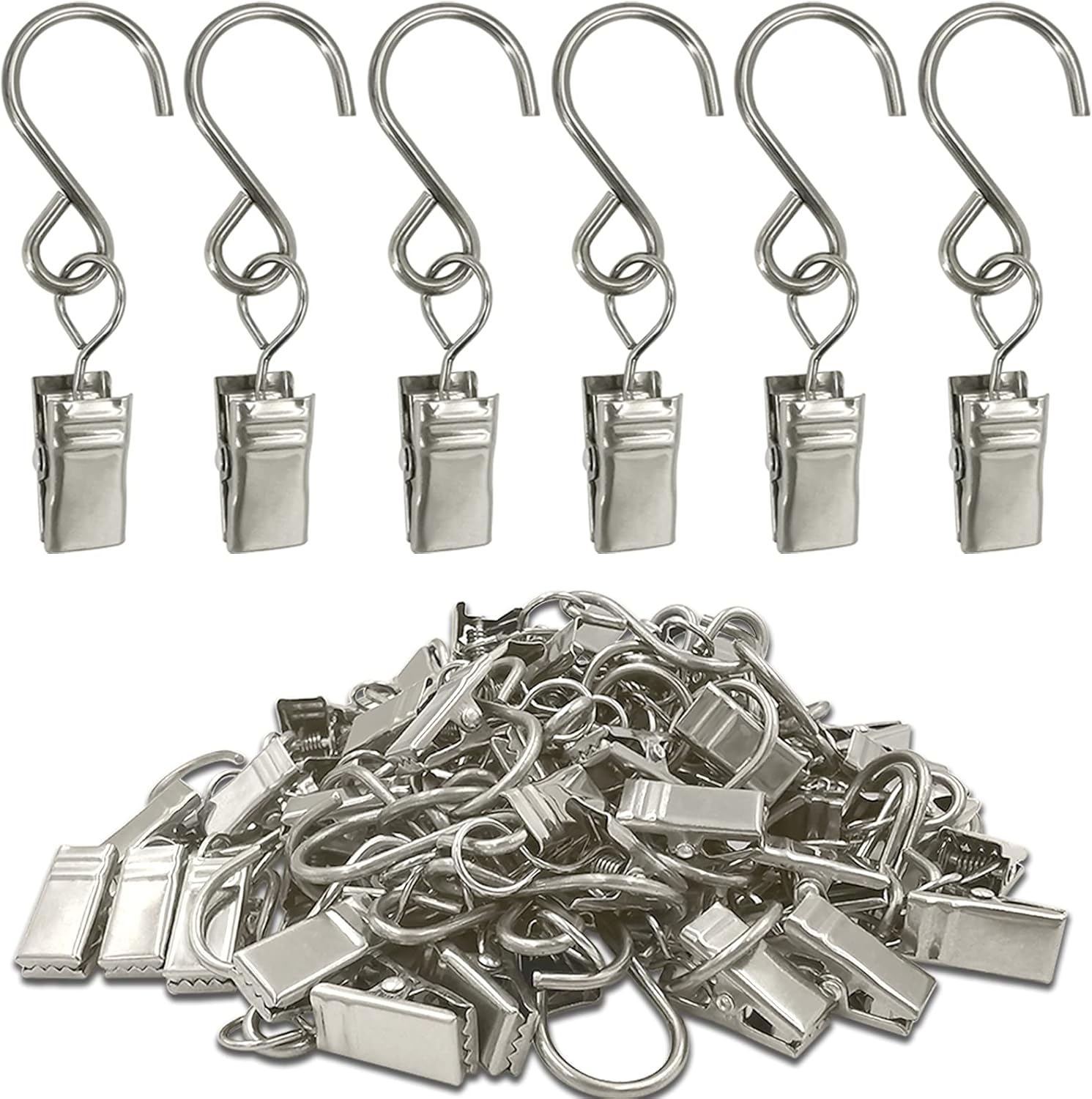 Stainless Steel S Hooks - 50 Pack Curtain Clips for Hanging Lights & Art Displays | 2.4 Inch Long, Silver