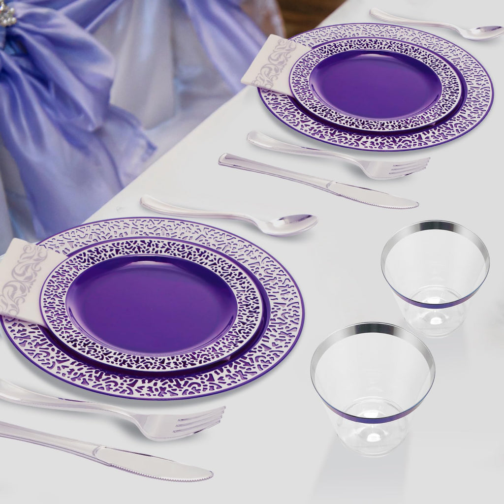 Norme 350 Pcs Purple Silver Plastic Dinnerware Set for 50 Guests Includes 50 Dinner Plates 10.2", 50 Plates 7.5", 150 Silverware Set, 50 Plastic Cups and 50 Napkin Disposable Plate for Wedding