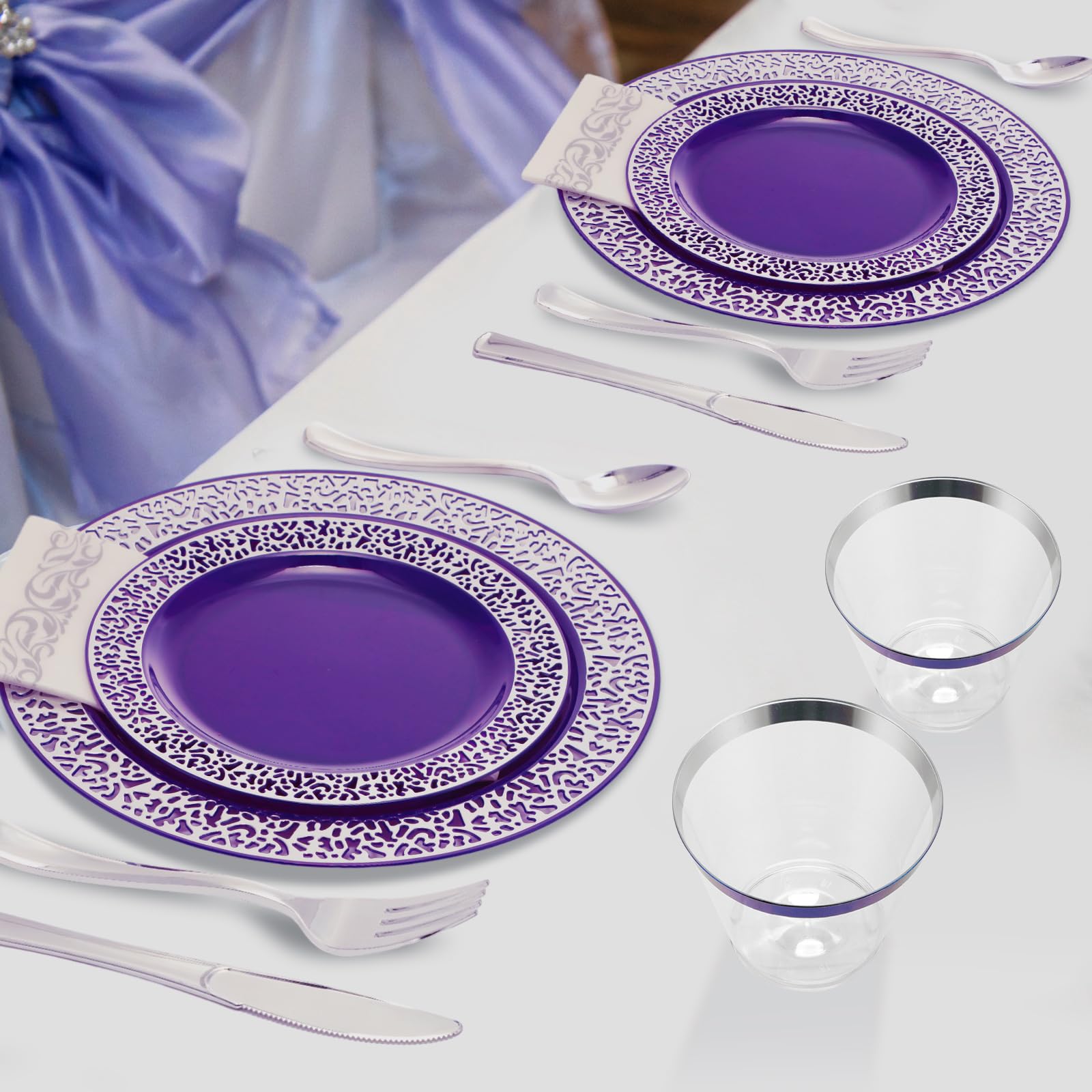 Norme 350 Pcs Purple Silver Plastic Dinnerware Set for 50 Guests Includes 50 Dinner Plates 10.2", 50 Plates 7.5", 150 Silverware Set, 50 Plastic Cups and 50 Napkin Disposable Plate for Wedding