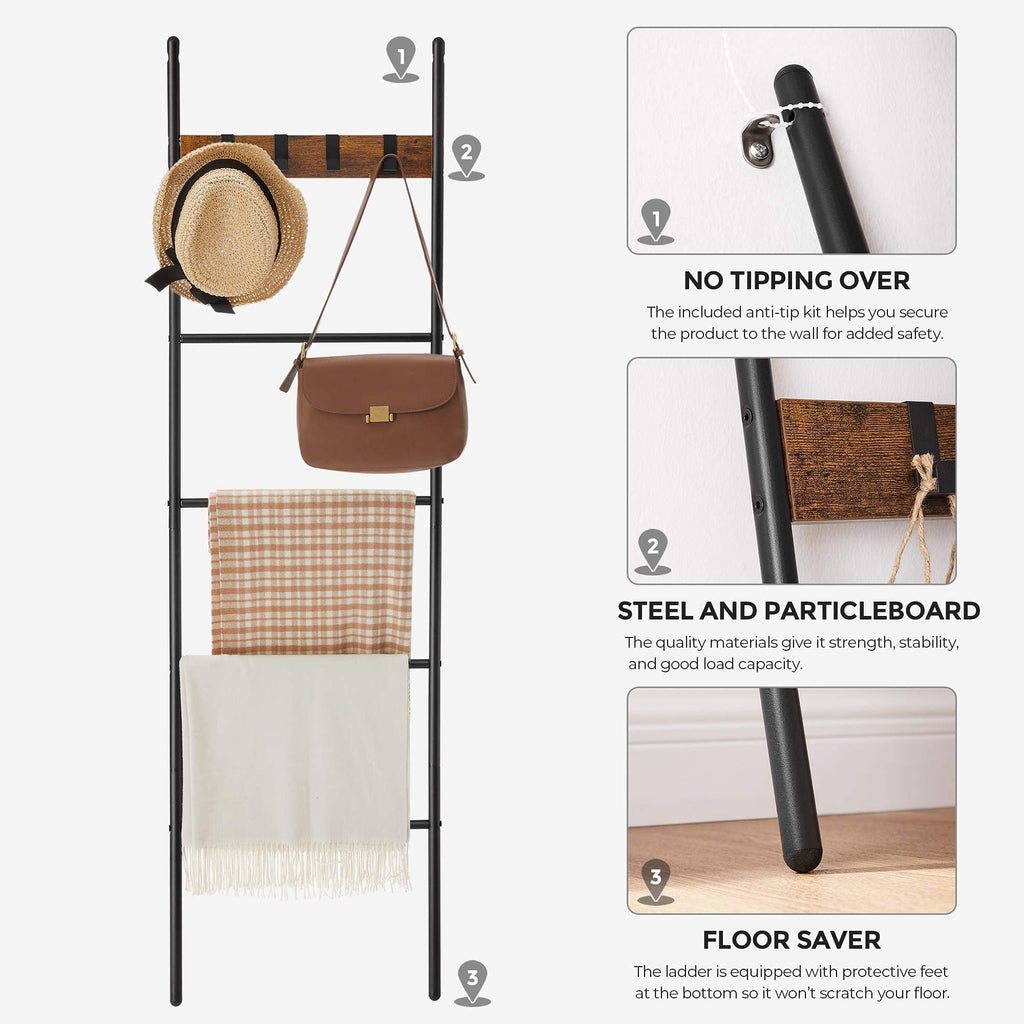 VASAGLE Blanket Ladder, 5-Tier Ladder Shelf, Decorative Ladder with 4 Removable Hooks, Metal Frame, Industrial Style, Rustic Brown and Black ULLS016B01