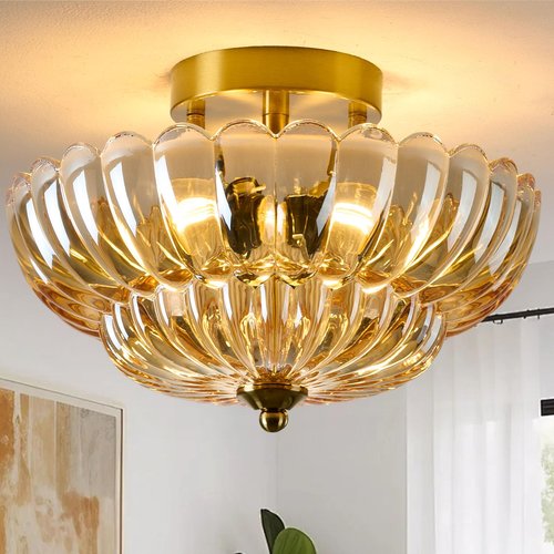 Glass Semi Flush Ceiling Lights - 12 in Vintage Mid Century Modern Lighting Fixture - Drum Unique Art Deco Amber Mount Light Fixtures for Hallway Entry Way Hall Kitchen Dining Laundry Room Foyer Porch