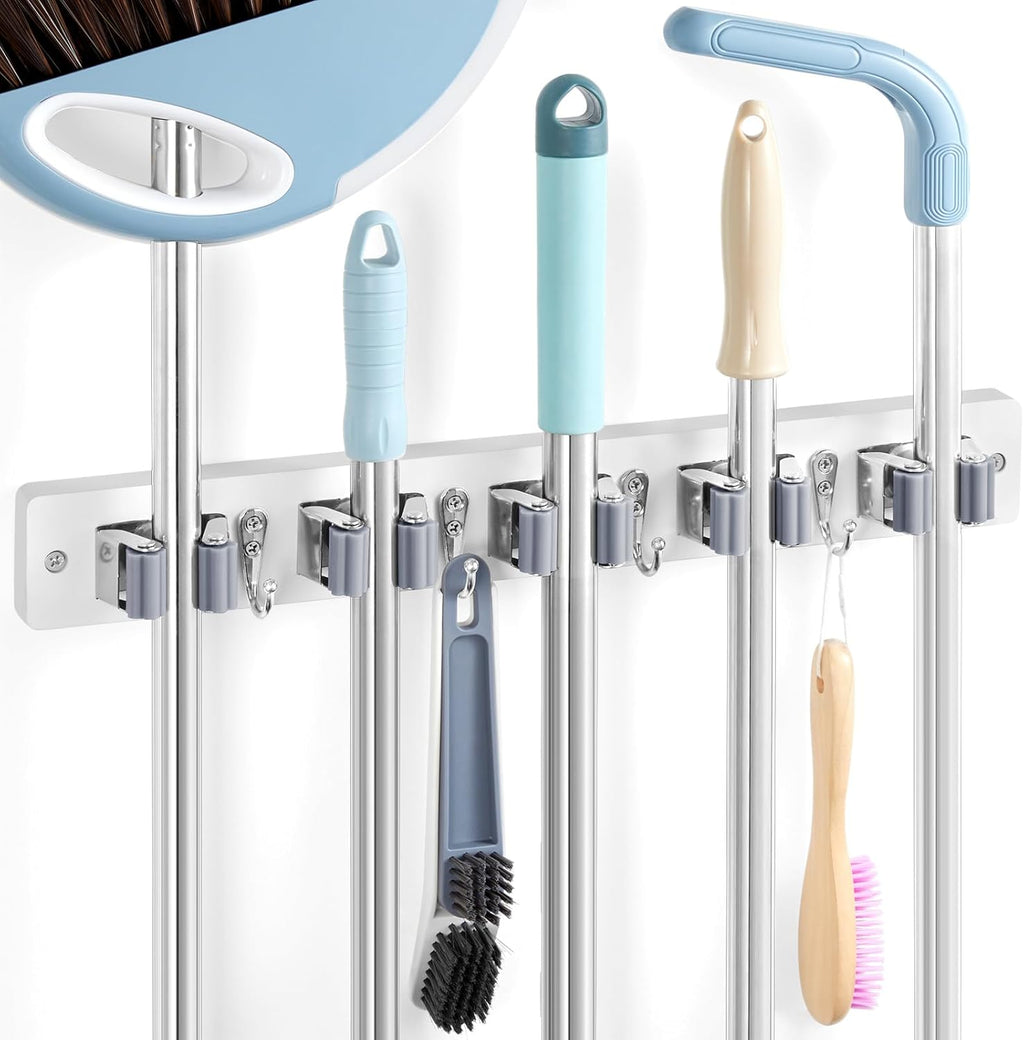 White Broom Holder Wall Mount - Heavy Duty Organizer with 5 Slots & 4 Hooks | Ideal for Laundry, Kitchen & Garage Storage