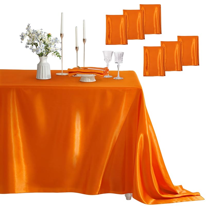 6 Pack Satin Table Cover Rectangle 60 x 84 Inches - Orange, 6-Pack