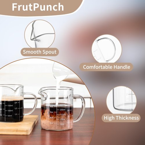 FrutPunch Glass Measuring Cup, Two-Pack (8OZ, 12OZ) with V-Shaped Mouth, Liquid Measuring Cups, Coffee Glass Measuring Cup with Handle, Suitable for Kitchen and Restaurant.