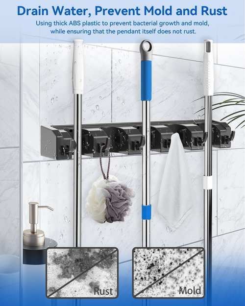 AceMining Broom Holder - Wall Mounted Storage with 5 Holders & 6 Hooks | Durable ABS Plastic, Black