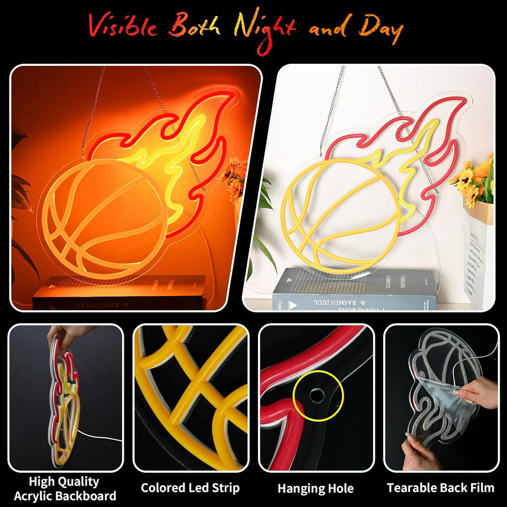 Skiennix Basketball Neon Sign - Dimmable LED Flame Light for Boys' Bedroom | Orange, Red, Yellow Decor