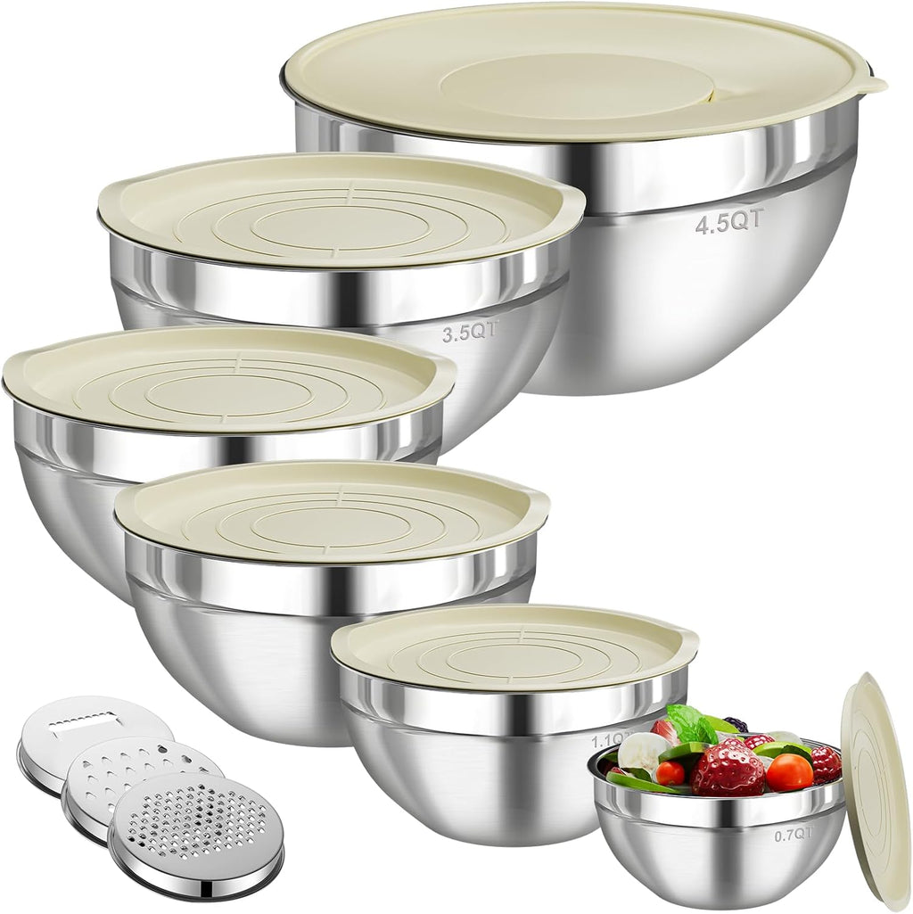 Skiennix Stainless Steel Mixing Bowls Set - 6 PCS with Lids & 3 Grater Attachments | Nesting Kitchen Organizers
