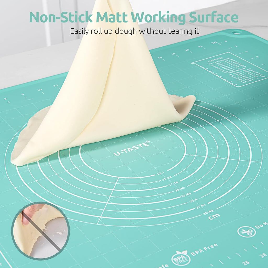 U-Taste Large Pastry Mat 28"x20" - Food-Grade Silicone, Non-Stick, Non-Slip with Clear Measurements (Aqua Sky)