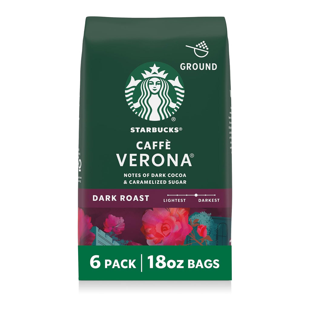 Starbucks Ground Coffee - Dark Roast Caffè Verona | Six 18 oz Bags for Hot or Iced Coffee