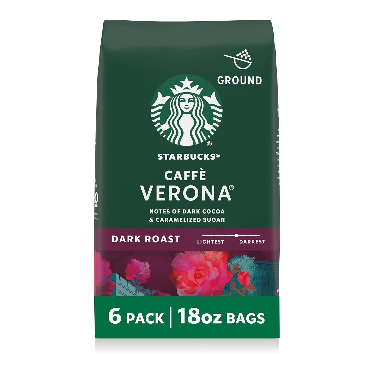 Starbucks Ground Coffee - Dark Roast Caffè Verona | Six 18 oz Bags for Hot or Iced Coffee