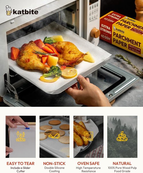 Katbite Heavy Duty Parchment Paper Roll - 12" x 524 ft Non-Stick Baking Paper for Cooking & Grilling
