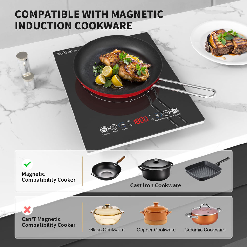 VBGK Portable Induction Cooktop With Ultra Thin Body, Low Noise Hot Plate With 1800W Sensor Touch Single Electric Cooktops Countertop Stove With 9 Temperature & Power Levels, 3-hour Timer, Safety Lock
