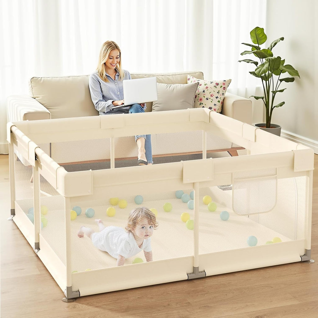 Uanlauo Baby Playpen - Safe 47x47in Indoor Playpen for Babies & Toddlers with Storage Bag & Breathable Mesh