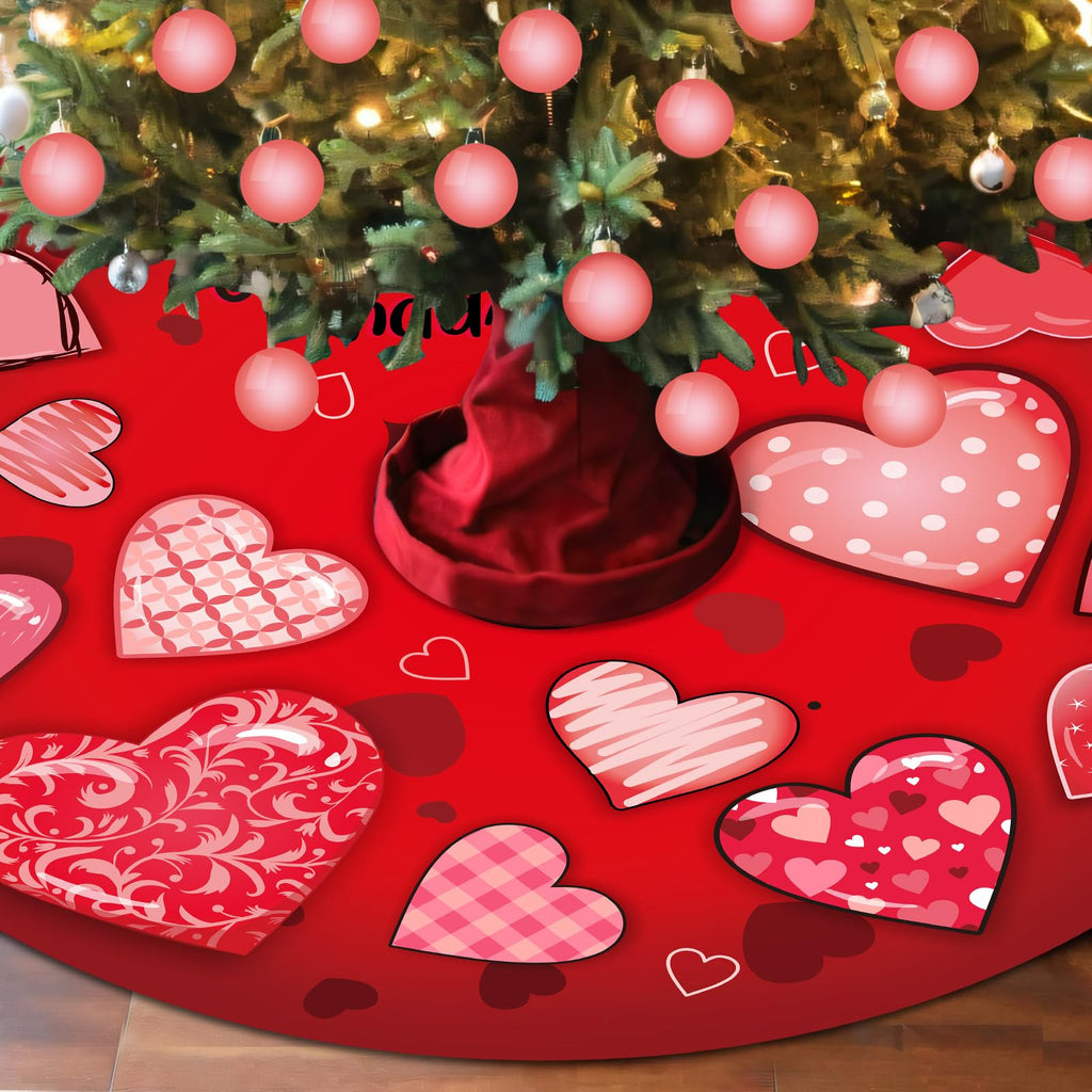 Realspring Valentine's Day Heart Tree Skirt 48 Inch Pink Heart Tree Mat Decor Red Love Skirt Carpet Romantic Love Decoration for Valentine Party Indoor Outdoor Home Office Decoration