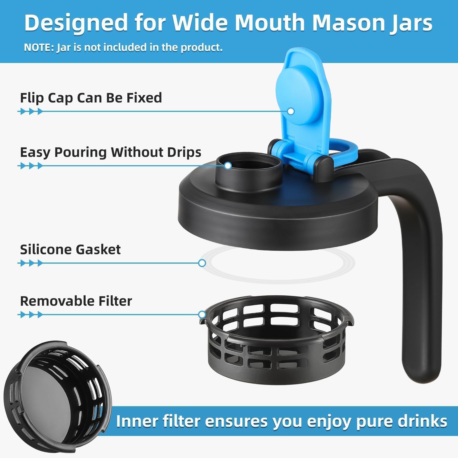 UPGRADED- Mason Jar Pour Spout Lids with Detachable Filters for Wide Mouth Mason Jars - 2 Pack Flip Top Pitcher Lids with Handle for Ball & Others- Airtight Seal Cover Cap, Dishwasher Safe, Food Grade