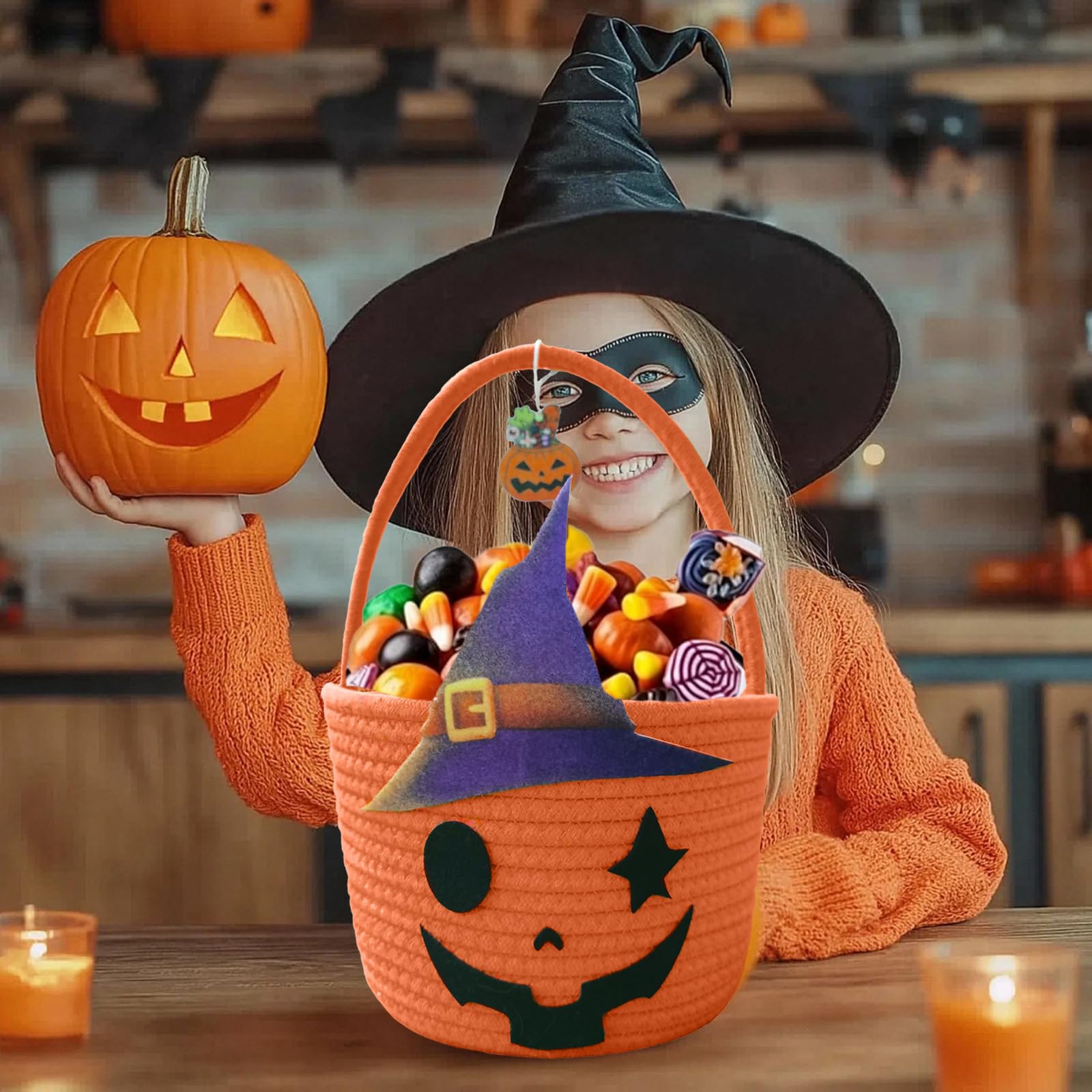 Halloween Pumpkin Basket for Kids, Woven Rope Candy Basket, Halloween Decorations, Small Woven Rope Basket bins, Orange