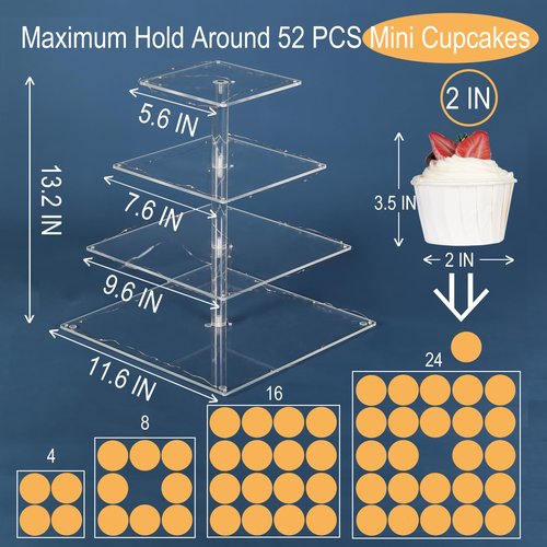 HENABLE 4 Tier Premium Cupcake Stand Cupcake Holder, Acrylic Cupcake Tower with LED Yellow Light for Cupcakes, Dessert Table Display Set for Birthday, Bar, Decor Weddings, Parties Events