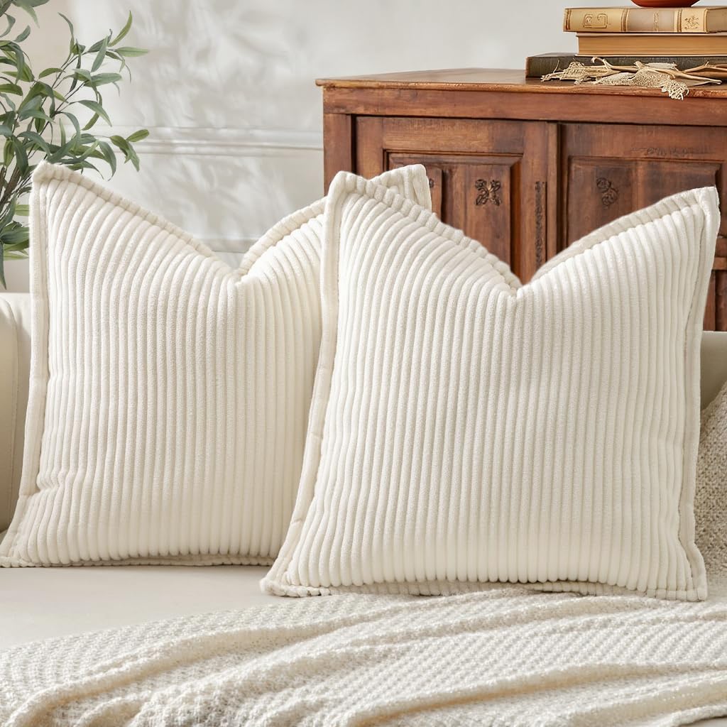 Mecatny Corduroy Throw Pillow Covers - Soft Boho Decorative Set of 2 | 18x18 Cream White
