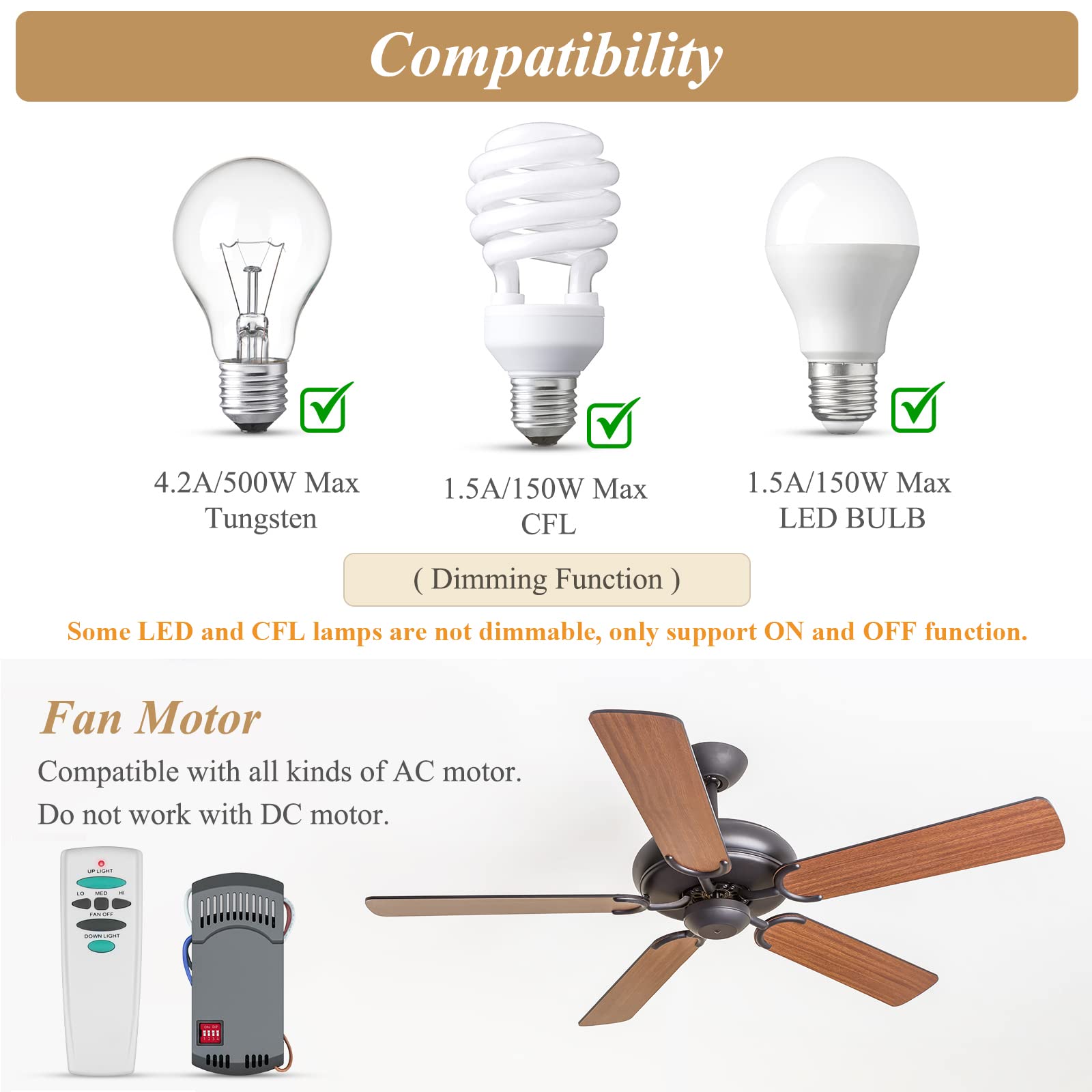 Universal Ceiling Fan Remote Control Kit, Replacement for Hampton Bay Harbor Breeze Hunter, Compatible with UC7078T UC7067RC CHQ7078T L3H2010FANHD Fan-HD6 FAN-28R, with Up/Down Light Control, Dimmable