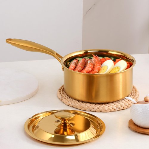 BuyGo 18/8 Stainless Steel Saucepan, 2.5 Quart Gold Pan with Heat Resistant Long Handle, 3-Layer Multipurpose Cookware Pot, Compatible Stovetops: Gas, Electric, Dishwasher Safe