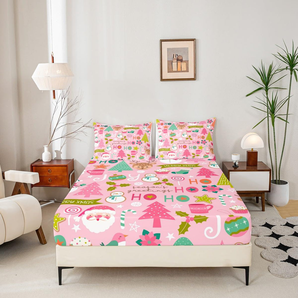 Erosebridal Pink Christmas Fitted Sheet Full, Cartoon Santa Claus Bedding Set for Kids Boys Girls Women Bedroom, Snowman Pine Bed Sheets Christmas Tree Deer Bedding Decor Set Xmas Decor,2 Pillowcases