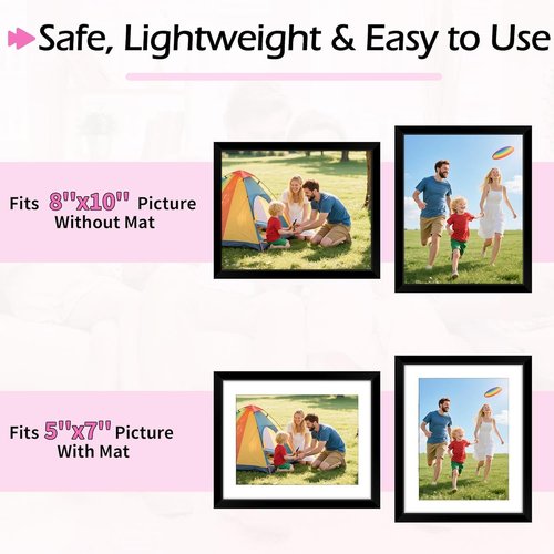 HOMERHYME 8x10 Picture Frame Set - Black Photo Frames for Tabletop or Wall Display | Fits 5x7 with Mat or 8x10 Without