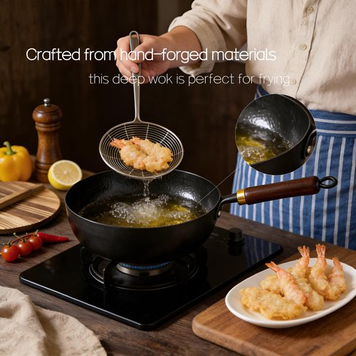 Calmabode 10" Pre-Seasoned Carbon Steel Wok - Fast, Even Heating - Works on Gas, Electric & Induction - Durable Commercial-Grade - Ready-to-Use, Easy Maintenance - Toxin-Free Cooking - Deep Pan
